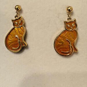 Vintage Avon Orange Cat Post Dangle Earrings Tabby Cat Kitten Enamel Gold Tone